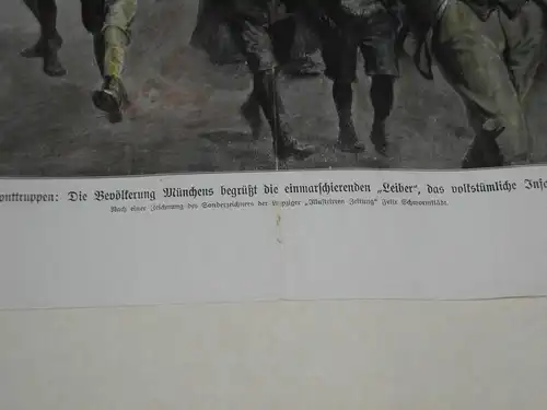Holzschnitt,kol.Felix Schwormstaedt,1918,München, Bevölk. begrüßt Truppen