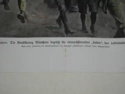 Holzschnitt,kol.Felix Schwormstaedt,1918,München, Bevölk. begrüßt Truppen
