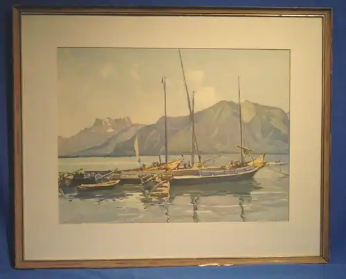 Lithografie,koloriert, Segelboote am Genfer See, Hintergrund Dents du Midi