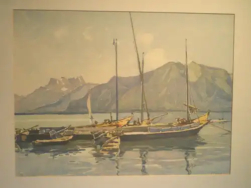 Lithografie,koloriert, Segelboote am Genfer See, Hintergrund Dents du Midi