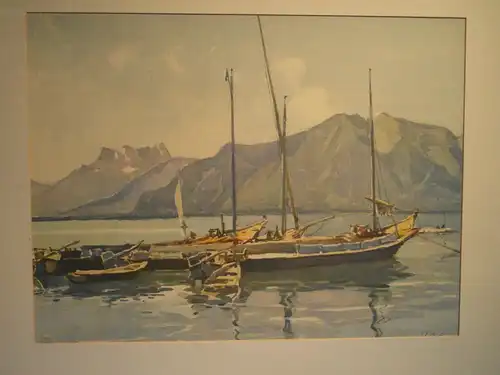 Lithografie,koloriert, Segelboote am Genfer See, Hintergrund Dents du Midi