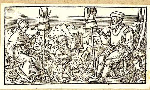 Kupferstich ,wohl 16.Jhdt, allegorische Bibelszene,Flachsspinner