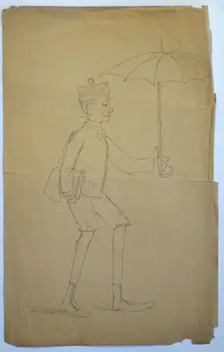 L. Scheuermann, Bleistiftzeichnung, Junge mit Schirm, etwa 1890