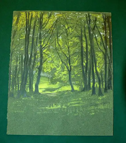 Zeichnung,Farbstift,auf grünem Papier,Waldlichtung im Sonnenschein,signiert