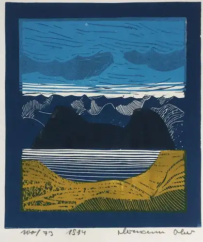 Farblinolschnitt ohne Titel von Hermann Ober 1974, Blatt 73 von 100, 43 x 61 cm