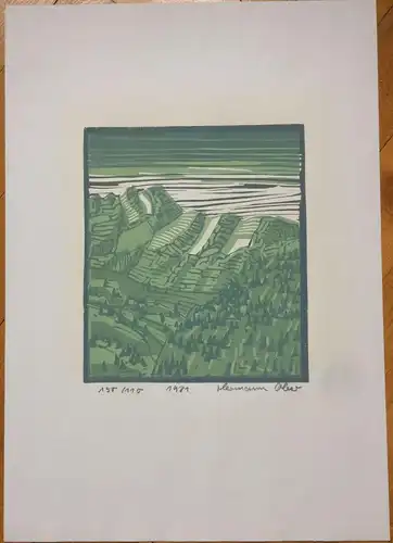 Farblinolschnitt ohne Titel von Hermann Ober 1981, Blatt 110 von 150