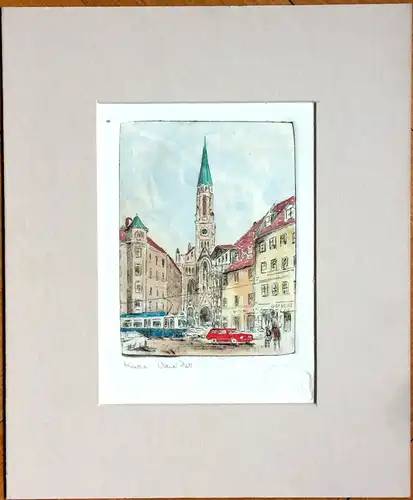 Farbradierung „München – Wiener Platz“, signiert, im Passepartout