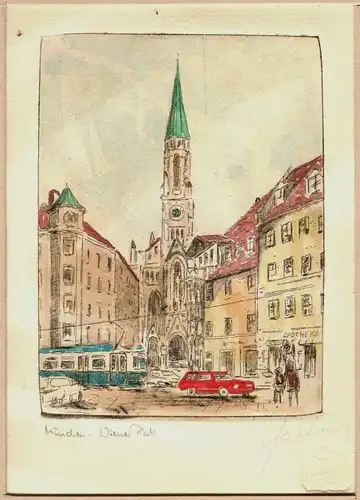 Farbradierung „München – Wiener Platz“, signiert, im Passepartout