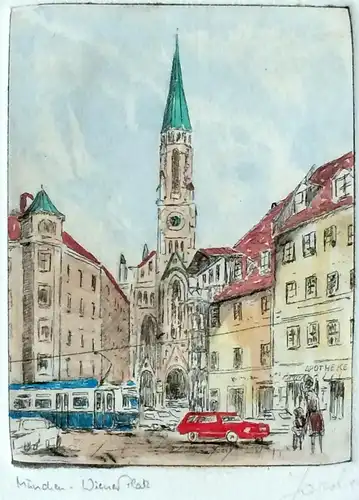 Farbradierung „München – Wiener Platz“, signiert, im Passepartout