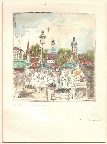 Farbradierung „München – Viktualienmarkt“, signiert, im Passepartout