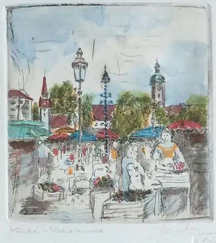 Farbradierung „München – Viktualienmarkt“, signiert, im Passepartout