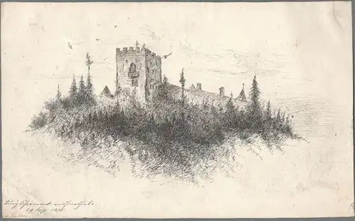 Tuschezeichnung „Burg Schwaneck im Isarthal 29. August 1875“ von Anton Stadler