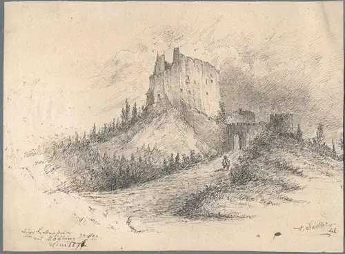 Tuschezeichnung „Burg Lichtenstein bei Mödling Wien 24 May 1876“ ,Anton Stadler