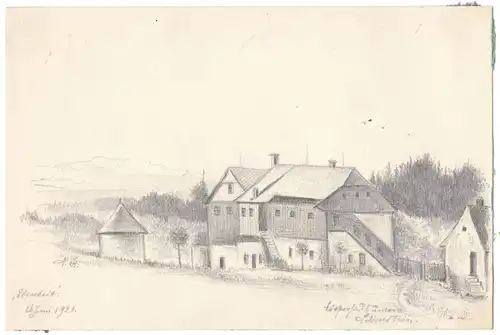 Bleistiftzeichnung „Forsthaus hinterm Lilienstein 26. Juni 1921“ v. Toni Stadler
