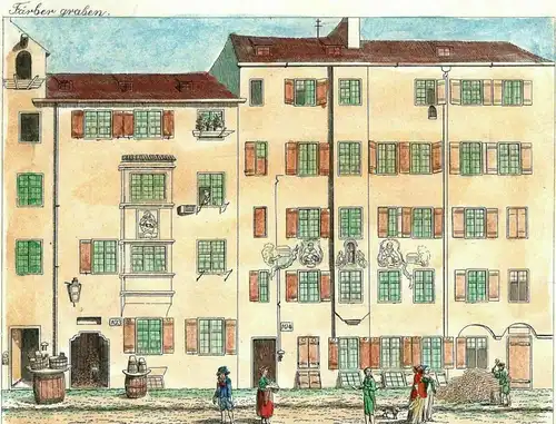 Colorierte Lithographie - „Färbergraben“ in München und Schäffler-Werkstatt