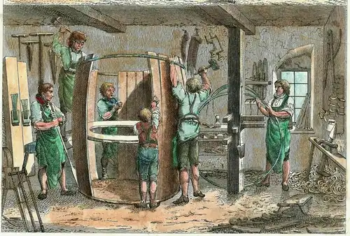 Colorierte Lithographie - „Färbergraben“ in München und Schäffler-Werkstatt