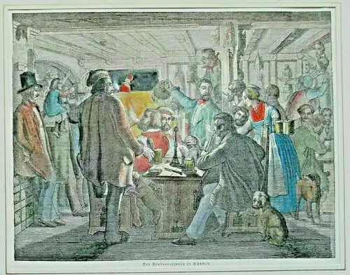 Colorierter Holzstich „Der Stubenvollbräu in München“ im Passepartout