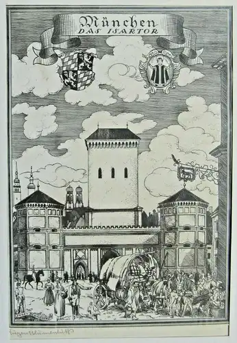 „München - Das Isartor“ - Lithographie von Eugen Blumentritt im Passepartout