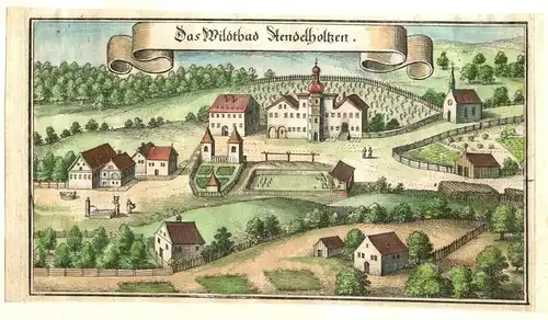 Colorierter Kupferstich „Das Wildtbad Aendelholtzen“ von Matthias Merian ca 1640