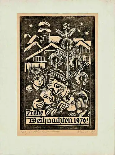 Original-Linolschnitt - Handdruck „Frohe Weihnachten 1970“ von Alfons Kräutler