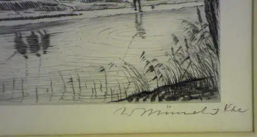 Radierung, Willy Münch-Khe, Angler am Fluß, etwa 1930, handsigniert