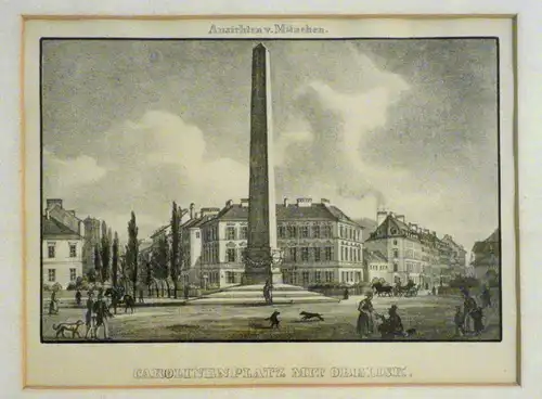 Lithografie koloriert,München Karolinenplatz mit Obelisk, um 1840,gerahmt