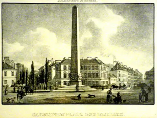 Lithografie koloriert,München Karolinenplatz mit Obelisk, um 1840,gerahmt