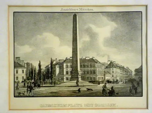 Lithografie koloriert,München Karolinenplatz mit Obelisk, um 1840,gerahmt