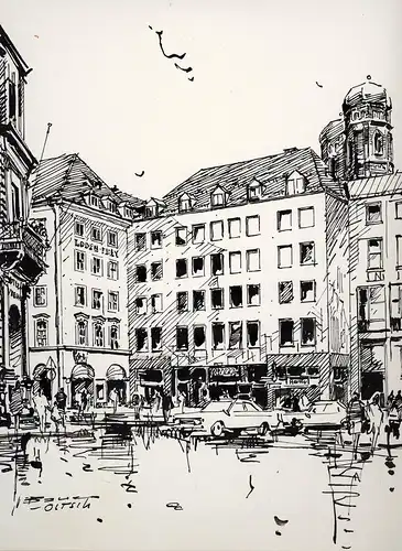 Tuschfederzeichnung,Bauer-Oltsch,Original,Theatinerstraße,Loden-Frey,München