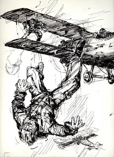 Tuschfederzeichnung,Bauer-Oltsch,Original,abstürzender Pilot,Flugzeug,1940/50