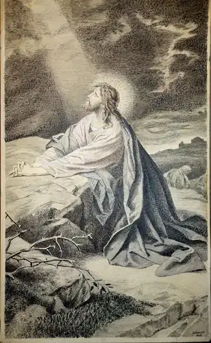 Tuschfederzeichnung,Betender Jesus am Ölberg,Schweyer,1910, Sehr gute Arbeit !!