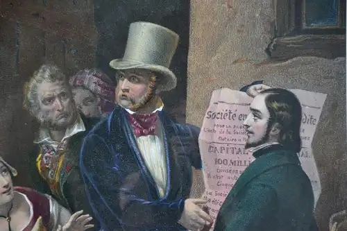 Lithografie, altkoloriert, Proklamation einer Aktiengesellschaft, um 1850