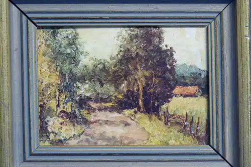 Ölbild, Landschaft mit Feldweg und Bäumen, Öl auf Karton, etwa 1930