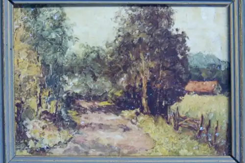 Ölbild, Landschaft mit Feldweg und Bäumen, Öl auf Karton, etwa 1930