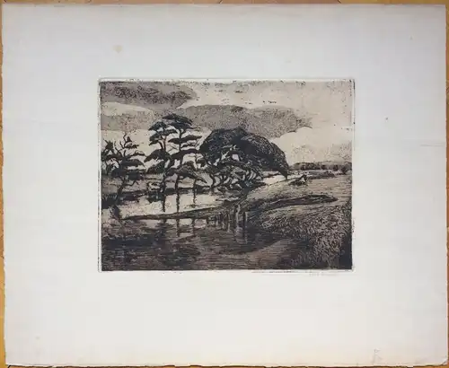 Original-Radierung Uferlandschaft mit Bäumen, signiert „L. Schmidt“