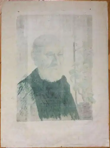 Colorierte Lithographie Portrait eines alten Mannes mit Blumen