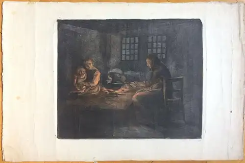 Lithographie Alte Frau und zwei Kinder in dunklem Raum