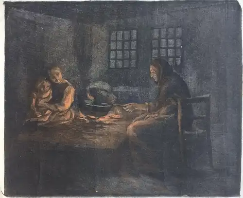 Lithographie Alte Frau und zwei Kinder in dunklem Raum