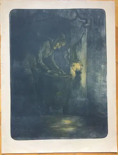 Lithographie Alte Frau in dunklem Raum
