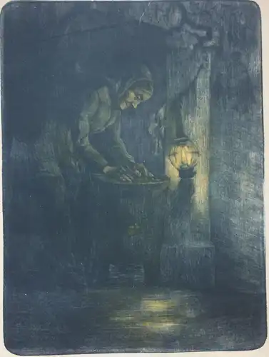 Lithographie Alte Frau in dunklem Raum