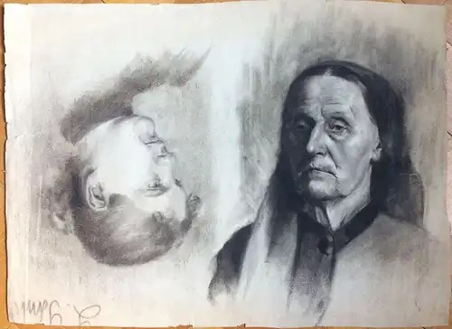 Kohlezeichnung Doppelportrait einer jungen und einer alten Frau