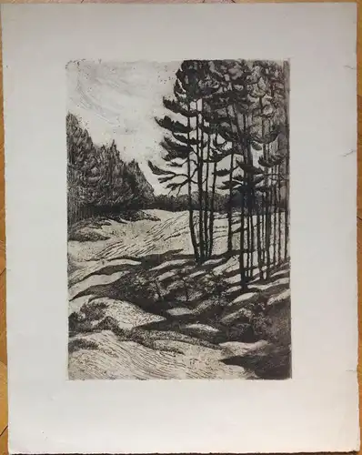 Lithographie Hügelige Landschaft mit Bäumen, rückseitig bezeichnet „L. Schmidt"