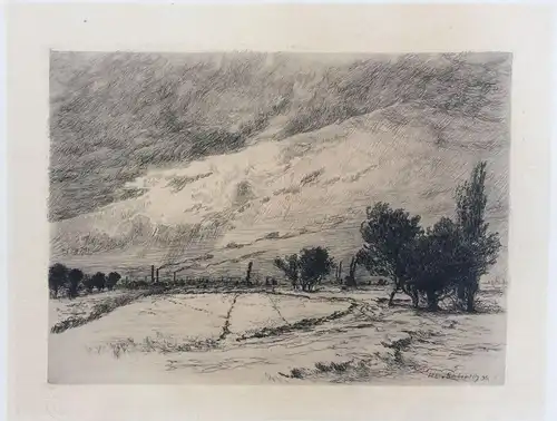 Original-Radierung Landschaft von Hans-Eduard von Berlepsch 1895 im Passepartout