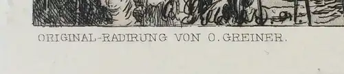 Original-Radierung „Auf der Flucht“ von Otto Greiner 1892, im Passepartout