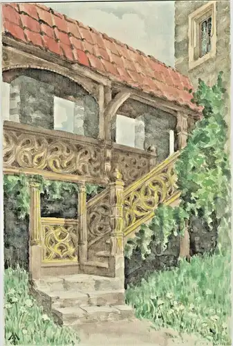 Original-Aquarell Teilansicht einer Burg - Monogramm