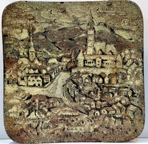 Wandteller, Emaille,Sovenia Regeni,Ansicht einer mittelalterlichen Stadt
