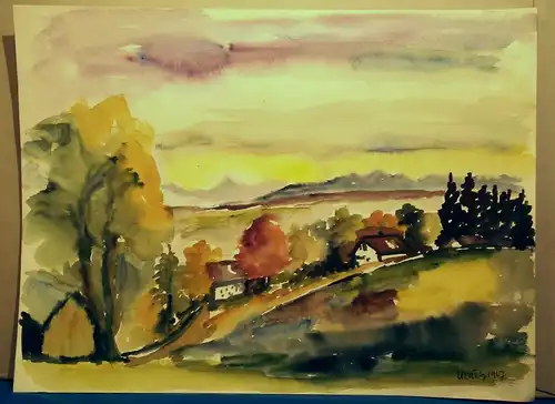 Aquarell,W.Ulrich,1967, Landschaft mit Häusern