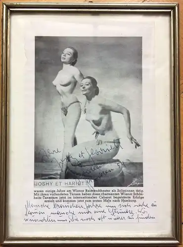 Autogramme und Widmung der Nackttänzerinnen JOSHY ET HARIETT, 1954