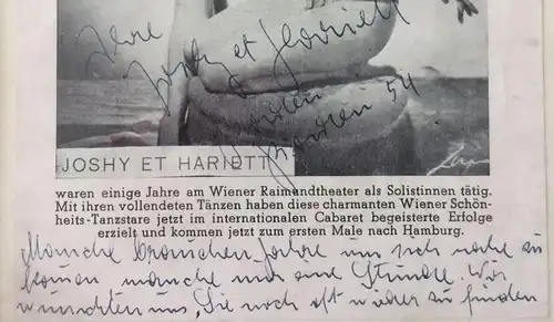 Autogramme und Widmung der Nackttänzerinnen JOSHY ET HARIETT, 1954