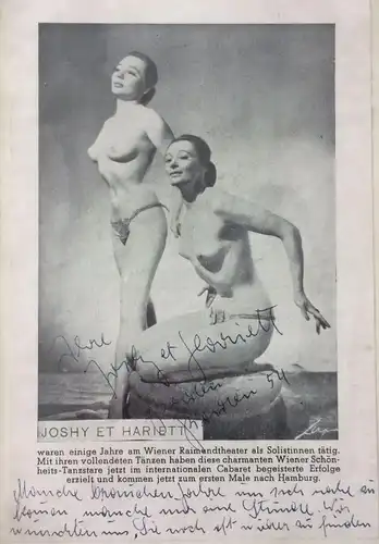 Autogramme und Widmung der Nackttänzerinnen JOSHY ET HARIETT, 1954